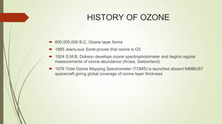 HISTORY OF OZONE
 600,000,000 B.C. Ozone layer forms
 1865 JeanLouis Soret proves that ozone is O3
 1924 G.M.B. Dobson develops ozone spectrophotometer and begins regular
measurements of ozone abundance (Arosa, Switzerland)
 1978 Total Ozone Mapping Spectrometer (TOMS) is launched aboard NIMBUS7
spacecraft giving global coverage of ozone layer thickness
 