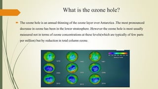 What is the ozone hole?
 The ozone hole is an annual thinning of the ozone layer over Antarctica .The most pronounced
decrease in ozone has been in the lower stratosphere .However the ozone hole is most usually
measured not in terms of ozone concentrations at these levels(which are typically of few parts
per million) but by reduction in total column ozone.
 