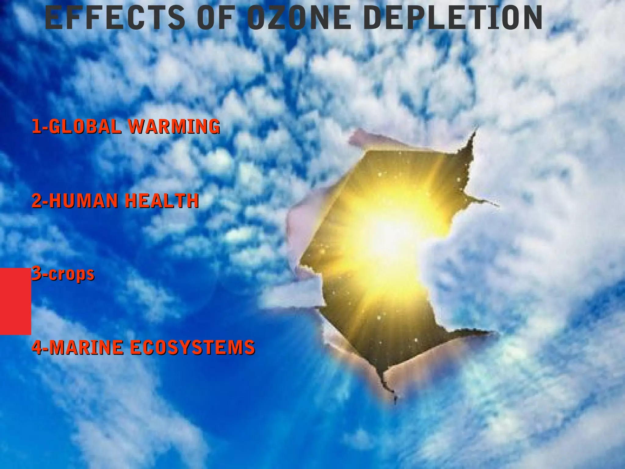 EFFECTS OF OZONE DEPLETION
1-GLOBAL WARMING1-GLOBAL WARMING
2-HUMAN HEALTH2-HUMAN HEALTH
3-crops3-crops
4-MARINE ECOSYSTEMS4-MARINE ECOSYSTEMS
 