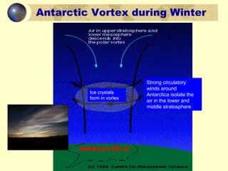 Strong circulatory
winds around
Antarctica isolate the
air in the lower and
middle stratosphere
Ice crystals
form in vortex
Antarctic Vortex during Winter
 