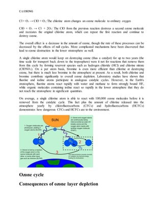 C.U.EBONG
Cl·+ O3 → ClO + O2: The chlorine atom changes an ozone molecule to ordinary oxygen
ClO + O3 → Cl· + 2O2: The ClO from the previous reaction destroys a second ozone molecule
and recreates the original chlorine atom, which can repeat the first reaction and continue to
destroy ozone.
The overall effect is a decrease in the amount of ozone, though the rate of these processes can be
decreased by the effects of null cycles. More complicated mechanisms have been discovered that
lead to ozone destruction in the lower stratosphere as well.
A single chlorine atom would keep on destroying ozone (thus a catalyst) for up to two years (the
time scale for transport back down to the troposphere) were it not for reactions that remove them
from this cycle by forming reservoir species such as hydrogen chloride (HCl) and chlorine nitrate
(ClONO2). On a per atom basis, bromine is even more efficient than chlorine at destroying
ozone, but there is much less bromine in the atmosphere at present. As a result, both chlorine and
bromine contribute significantly to overall ozone depletion. Laboratory studies have shown that
fluorine and iodine atoms participate in analogous catalytic cycles. However, in the Earth's
stratosphere, fluorine atoms react rapidly with water and methane to form strongly bound HF,
while organic molecules containing iodine react so rapidly in the lower atmosphere that they do
not reach the stratosphere in significant quantities.
On average, a single chlorine atom is able to react with 100,000 ozone molecules before it is
removed from the catalytic cycle. This fact plus the amount of chlorine released into the
atmosphere yearly by chlorofluorocarbons (CFCs) and hydrofluorocarbons (HCFCs)
demonstrates how dangerous CFCs and HCFCs are to the environment.
Ozone cycle
Consequences of ozone layer depletion
 