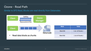 12 © Cloudera, Inc. All rights reserved.
Ozone - Read Path
Similar to DFS Read, Blocks are read directly from Datanodes
 