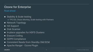 18 © Cloudera, Inc. All rights reserved.
Ozone for Enterprise
Road ahead
● Stability & Scale testing
○ TPC-DS, Chaos Monkey, Scale testing with Partners
● Network Topology
● HA Support
● Disk Scanner
● In-place upgrades for HDFS Clusters
● Erasure Coding
● GDPR Compliance
● Consistent Reads from Standby OM/SCM
● Apache Ranger - Ozone Plugin
 