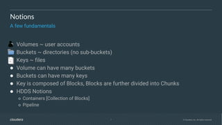 7 © Cloudera, Inc. All rights reserved.
Notions
A few fundamentals
● Volumes ~ user accounts
● Buckets ~ directories (no sub-buckets)
● Keys ~ files
● Volume can have many buckets
● Buckets can have many keys
● Key is composed of Blocks, Blocks are further divided into Chunks
● HDDS Notions
○ Containers [Collection of Blocks]
○ Pipeline
 
