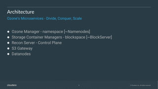 8 © Cloudera, Inc. All rights reserved.
Architecture
Ozone’s Microservices - Divide, Conquer, Scale
● Ozone Manager - namespace [~Namenodes]
● Storage Container Managers - blockspace [~BlockServer]
● Recon Server - Control Plane
● S3 Gateway
● Datanodes
 