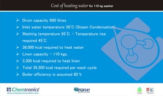 Cost of heating water for 110 kg washer
 Drum capacity 800 litres
 Inlet water temperature 50˚C (Steam Condensation)
 Washing temperature 95˚C. – Temperature rise
required 45˚C
 36,000 kcal required to heat water
 Linen capacity – 110 kgs.
 3,300 kcal required to heat linen
 Total 39,300 kcal required per wash cycle
 Boiler efficiency is assumed 80 %
 