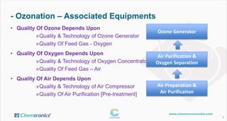 - Ozonation – Associated Equipments
5
• Quality Of Ozone Depends Upon
»Quality & Technology of Ozone Generator
»Quality Of Feed Gas - Oxygen
• Quality Of Oxygen Depends Upon
»Quality & Technology of Oxygen Concentrator
»Quality Of Feed Gas – Air
• Quality Of Air Depends Upon
»Quality & Technology of Air Compressor
»Quality Of Air Purification [Pre-treatment]
Ozone Generator
Air Purification &
Oxygen Separation
Air Preparation &
Air Purification
 