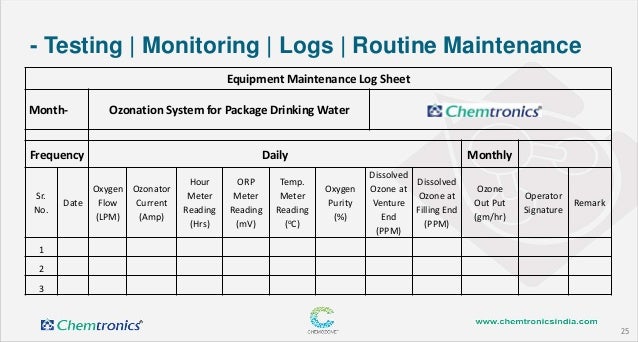 ozone in package bottled drinking water generator log sheet