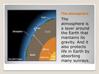 The atmosphere
The
atmosphere is
a layer around
the Earth that
mantains its
gravity. And it
also protects
life in Earth by
absorbing
many sunrays.
 