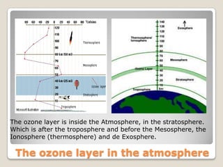 The ozone layer is inside the Atmosphere, in the stratosphere.
Which is after the troposphere and before the Mesosphere, the
Ionosphere (thermosphere) and de Exosphere.

 The ozone layer in the atmosphere
 