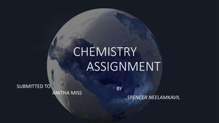 CHEMISTRY
ASSIGNMENT
BY
SPENCER NEELAMKAVIL
SUBMITTED TO
ANITHA MISS
 