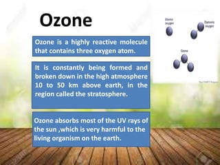 Ozone
Ozone is a highly reactive molecule
that contains three oxygen atom.
It is constantly being formed and
broken down in the high atmosphere
10 to 50 km above earth, in the
region called the stratosphere.
Ozone absorbs most of the UV rays of
the sun ,which is very harmful to the
living organism on the earth.
 