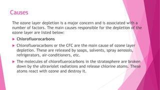 Causes
The ozone layer depletion is a major concern and is associated with a
number of factors. The main causes responsible for the depletion of the
ozone layer are listed below:
 Chlorofluorocarbons
 Chlorofluorocarbons or the CFC are the main cause of ozone layer
depletion. These are released by soaps, solvents, spray aerosols,
refrigerators, air-conditioners, etc.
 The molecules of chlorofluorocarbons in the stratosphere are broken
down by the ultraviolet radiations and release chlorine atoms. These
atoms react with ozone and destroy it.
 