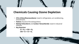 • CFCs (Chlorofluorocarbons): Used in refrigeration, air conditioning,
and aerosols.
• Halons: Found in fire extinguishers.
• Methyl Chloroform and Carbon Tetrachloride: Used in industrial
solvents.
• Key Reaction:
Cl + O₃ ClO + O₂
→
ClO + O Cl + O₂
→
Chemicals Causing Ozone Depletion
 