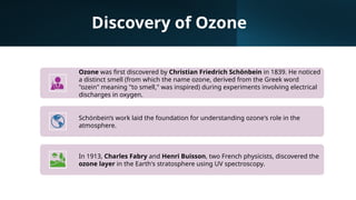 Discovery of Ozone
Ozone was first discovered by Christian Friedrich Schönbein in 1839. He noticed
a distinct smell (from which the name ozone, derived from the Greek word
"ozein" meaning "to smell," was inspired) during experiments involving electrical
discharges in oxygen.
Schönbein’s work laid the foundation for understanding ozone's role in the
atmosphere.
In 1913, Charles Fabry and Henri Buisson, two French physicists, discovered the
ozone layer in the Earth's stratosphere using UV spectroscopy.
 