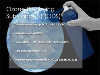 Ozone-Depleting
Substance(s) (ODS)
 Chlorofluorocarbons (CFC 11, CFC 12, CFC 13)
 Methyl bromide (CH3Br)
 Halons (halon-1211, halon-1301, halon-2402)
 Carbon tetrachloride (CCI4)
 Hydrochlorofluorocarbons (HCFC 22 and HCFC 123)
 