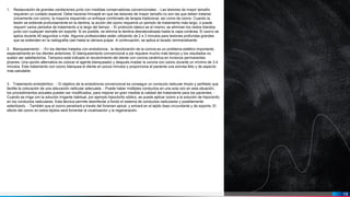 18
1. Restauración de grandes cavitaciones junto con medidas conservadoras convencionales: - Las lesiones de mayor tamaño
requieren un cuidado especial. Debe hacerse hincapié en que las lesiones de mayor tamaño no son las que deben tratarse
únicamente con ozono; la mayoría requerirán un enfoque combinado de terapia tradicional, así como de ozono. Cuando la
lesión se extiende profundamente en la dentina, la acción del ozono requerirá un periodo de tratamiento más largo, o puede
requerir varios periodos de tratamiento a lo largo del tiempo. - El protocolo básico es el mismo; se eliminan los restos blandos
junto con cualquier esmalte sin soporte. Si es posible, se elimina la dentina desnaturalizada hasta la capa coriácea. El ozono se
aplica durante 40 segundos o más. Algunos profesionales están utilizando de 2 a 3 minutos para lesiones profundas grandes
que se extienden en la radiografía casi hasta la cámara pulpar. A continuación, se aplica el lavado remineralizante.
2. Blanqueamiento : - En los dientes tratados con endodoncia , la decoloración de la corona es un problema estético importante,
especialmente en los dientes anteriores. El blanqueamiento convencional a pie requiere mucho más tiempo y los resultados no
suelen ser satisfactorios. Tampoco está indicado el recubrimiento del diente con corona cerámica en incisivos permanentes
jóvenes. Una opción alternativa es colocar el agente blanqueador y después irradiar la corona con ozono durante un mínimo de 3-4
minutos. Este tratamiento con ozono blanquea el diente en pocos minutos y proporciona al paciente una sonrisa feliz y de aspecto
más saludable.
3. Tratamiento endodóntico : - El objetivo de la endodoncia convencional es conseguir un conducto radicular limpio y perfilado que
facilite la colocación de una obturación radicular adecuada. - Puede haber múltiples conductos en una sola raíz en esta situación,
los procedimientos actuales pueden ser modificados, para mejorar en gran medida la calidad del tratamiento para los pacientes. -
Cuando se irriga con la solución irrigante habitual, por ejemplo hipoclorito sódico, se puede aplicar ozono a la solución de hipoclorito
en los conductos radiculares. Esta técnica permite desinfectar a fondo el sistema de conductos radiculares y posiblemente
esterilizarlo. - También que el ozono penetrará a través del foramen apical, y entrará en el tejido óseo circundante y de soporte. El
efecto del ozono en estos tejidos será fomentar la cicatrización y la regeneración.
 