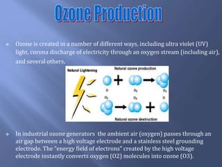  Ozone is created in a number of different ways, including ultra violet (UV)
light, corona discharge of electricity through an oxygen stream (including air),
and several others.
 In industrial ozone generators the ambient air (oxygen) passes through an
air gap between a high voltage electrode and a stainless steel grounding
electrode. The “energy field of electrons” created by the high voltage
electrode instantly converts oxygen (O2) molecules into ozone (O3).
 
