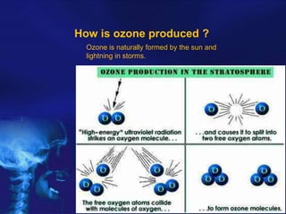 How is ozone produced ?
Ozone is naturally formed by the sun and
lightning in storms.

 