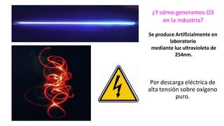 Por descarga eléctrica de
alta tensión sobre oxígeno
puro.
¿Y cómo generamos O3
en la industria?
Se produce Artificialmente en
laboratorio
mediante luz ultravioleta de
254nm.
 