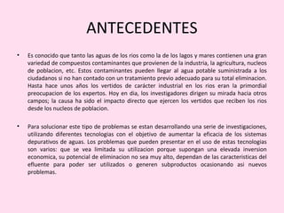 ANTECEDENTES
• Es conocido que tanto las aguas de los rios como la de los lagos y mares contienen una gran
variedad de compuestos contaminantes que provienen de la industria, la agricultura, nucleos
de poblacion, etc. Estos contaminantes pueden llegar al agua potable suministrada a los
ciudadanos si no han contado con un tratamiento previo adecuado para su total eliminacion.
Hasta hace unos años los vertidos de carácter industrial en los rios eran la primordial
preocupacion de los expertos. Hoy en dia, los investigadores dirigen su mirada hacia otros
campos; la causa ha sido el impacto directo que ejercen los vertidos que reciben los rios
desde los nucleos de poblacion.
• Para solucionar este tipo de problemas se estan desarrollando una serie de investigaciones,
utilizando diferentes tecnologias con el objetivo de aumentar la eficacia de los sistemas
depurativos de aguas. Los problemas que pueden presentar en el uso de estas tecnologias
son varios: que se vea limitada su utilizacion porque supongan una elevada inversion
economica, su potencial de eliminacion no sea muy alto, dependan de las caracteristicas del
efluente para poder ser utilizados o generen subproductos ocasionando asi nuevos
problemas.
 