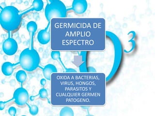 GERMICIDA DE
AMPLIO
ESPECTRO
OXIDA A BACTERIAS,
VIRUS, HONGOS,
PARASITOS Y
CUALQUIER GERMEN
PATOGENO.
 
