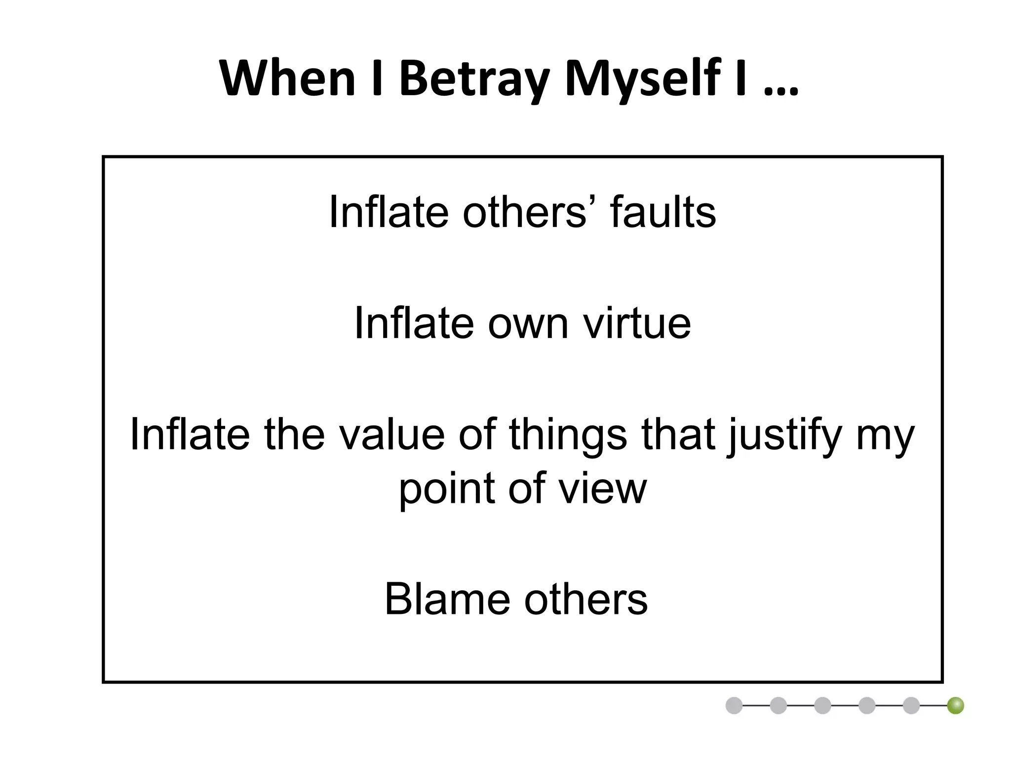 When I Betray Myself I …
See It
Solve It
Do It
Wait & See
Tell Me What
To Do
Cover Your
Tail
Finger
Pointing
Ignore and
Deny
Inflate others’ faults
Inflate own virtue
Inflate the value of things that justify my
point of view
Blame others
 