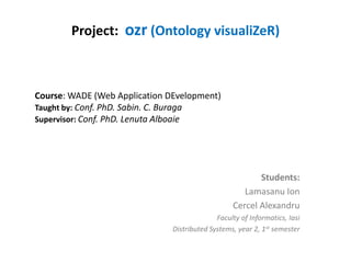 Project: ozr (Ontology visualiZeR)

Course: WADE (Web Application DEvelopment)
Taught by: Conf. PhD. Sabin. C. Buraga
Supervisor: Conf. PhD. Lenuta Alboaie

Students:
Lamasanu Ion
Cercel Alexandru
Faculty of Informatics, Iasi
Distributed Systems, year 2, 1st semester

 