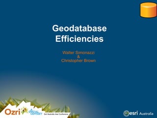 Geodatabase
Efficiencies
Walter Simonazzi
&
Christopher Brown

 