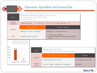 40200
600
0
10000
20000
30000
40000
50000
일반알고리즘 OzSearch
대용량 자료 연산 알고리즘
(수배차량 조회 2.5억건/일)
Ex(1)
Wanted car surveillance CCTV data: 0.25 bil images/day
Intentional changes: 1 4, 38, 마머…
Require real time search
Minimum
Comparison
3 digit misrecognition 7C1 + 7C2 + 7C3 = 7 + 21 + 105 = 133 + right recog. 1 time = 134
Algorithm
General algorithm OzSearch Algorithm
3000image/s * 134 cases = 402000 tps 3000 images/s * 0.2s/image = 600 tps
Proof Recognition failure not counted
1. Word correction algorithm
2. Character comparison algorithm to find similar trade
mark
Operation Algorithm and inverted file
Ex(2)
KR trade mark search system
About 5 million trademarks invert file creation time
Algorithm
Current mechanism with datamining OzMarker
3.2 bil*0.00003 sec/case = 26.7 hr 5mil * 0.00003 sec/case = 150s
Invert file
creation
5 mil * (38 = 8 digit * 3 similar char) = 3.2 bil indiecs 5mil indices
 