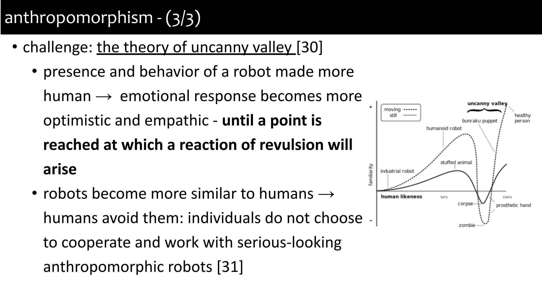 • challenge: the theory of uncanny valley [30]
• presence and behavior of a robot made more
human → emotional response becomes more
optimistic and empathic - until a point is
reached at which a reaction of revulsion will
arise
• robots become more similar to humans →
humans avoid them: individuals do not choose
to cooperate and work with serious-looking
anthropomorphic robots [31]
anthropomorphism - (3/3)
 