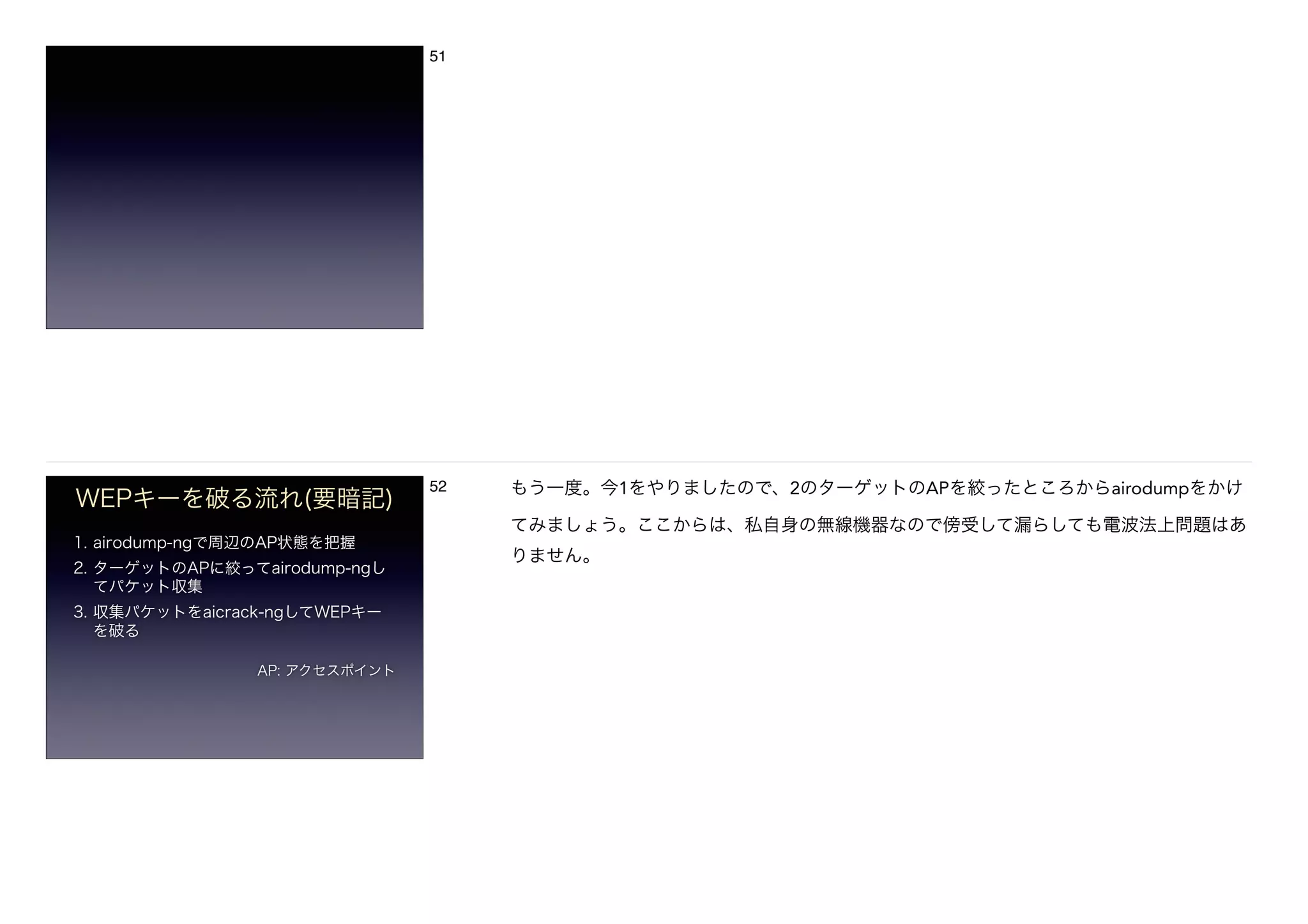 51
WEPキーを破る流れ(要暗記)
1. airodump-ngで周辺のAP状態を把握
2. ターゲットのAPに絞ってairodump-ngし
てパケット収集
3. 収集パケットをaicrack-ngしてWEPキー
を破る
AP: アクセスポイント
52 もう一度。今1をやりましたので、2のターゲットのAPを絞ったところからairodumpをかけ
てみましょう。ここからは、私自身の無線機器なので傍受して漏らしても電波法上問題はあ
りません。
 
