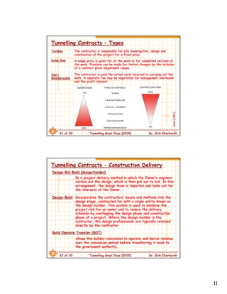 11
21 of 30 Tunnelling Grad Class (2015) Dr. Erik Eberhardt
Tunnelling Contracts – Types
The contractor is responsible for site investigation, design and
construction of the project for a fixed price.
Turnkey
Lump Sum A single price is given for all the work or for completed sections of
the work. Provision can be made for limited changes by the inclusion
of a contract price adjustment clause.
Cost-
Reimbersable
The contractor is paid the actual costs incurred in carrying out the
work. A separate fee may be negotiated for management overheads
and the profit element.
Hoek(1982)
22 of 30 Tunnelling Grad Class (2015) Dr. Erik Eberhardt
Tunnelling Contracts – Construction Delivery
Incorporates the contractors’ means and methods into the
design stage, contracted for with a single entity known as
the design-builder. This system is used to minimize the
project risk for an owner and to reduce the delivery
schedule by overlapping the design phase and construction
phase of a project. Where the design-builder is the
contractor, the design professionals are typically retained
directly by the contractor.
Design-Build
Build Operate Transfer (BOT)
Allows the builder concession to operate and derive revenue
over the concession period before transferring it back to
the government authority.
Is a project delivery method in which the Owner’s engineer
carries out the design, which is then put out to bid. In this
arrangement, the design team is impartial and looks out for
the interests of the Owner.
Design-Bid-Build (design/tender)
 