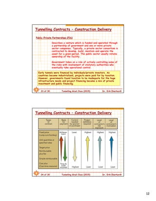 12
23 of 30 Tunnelling Grad Class (2015) Dr. Erik Eberhardt
Tunnelling Contracts – Construction Delivery
Public-Private Partnerships (P3s)
Describes a venture which is funded and operated through
a partnership of government and one or more private
sector companies. Typically, a private sector consortium is
contracted to develop, build, maintain and operate the
asset for a given period. The public sector usually retains
ownership of the facility.
Government takes on a role of actively controlling some of
the risks with involvement of statutory authorities who
eventually take operational control.
Early tunnels were financed by individuals/private investors. As
countries became industrialized, projects were paid for by taxation.
However, governments found taxation to be inadequate for the huge
infrastructure needs and project financing became a mix of private
investment and public financing.
24 of 30 Tunnelling Grad Class (2015) Dr. Erik Eberhardt
Tunnelling Contracts – Construction Delivery
 