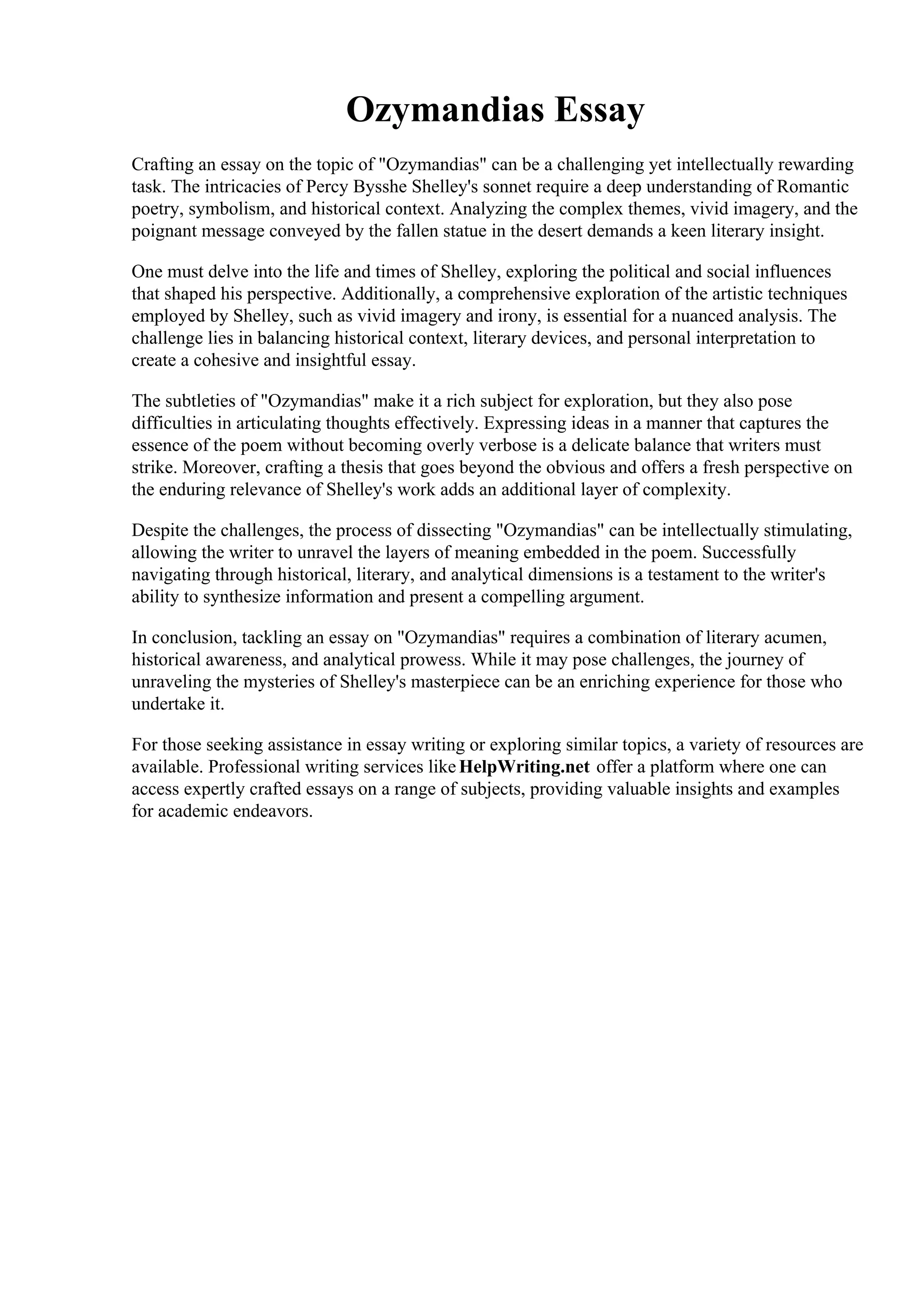 Ozymandias Essay. . Ozymandias. an info sheet describing the different ...