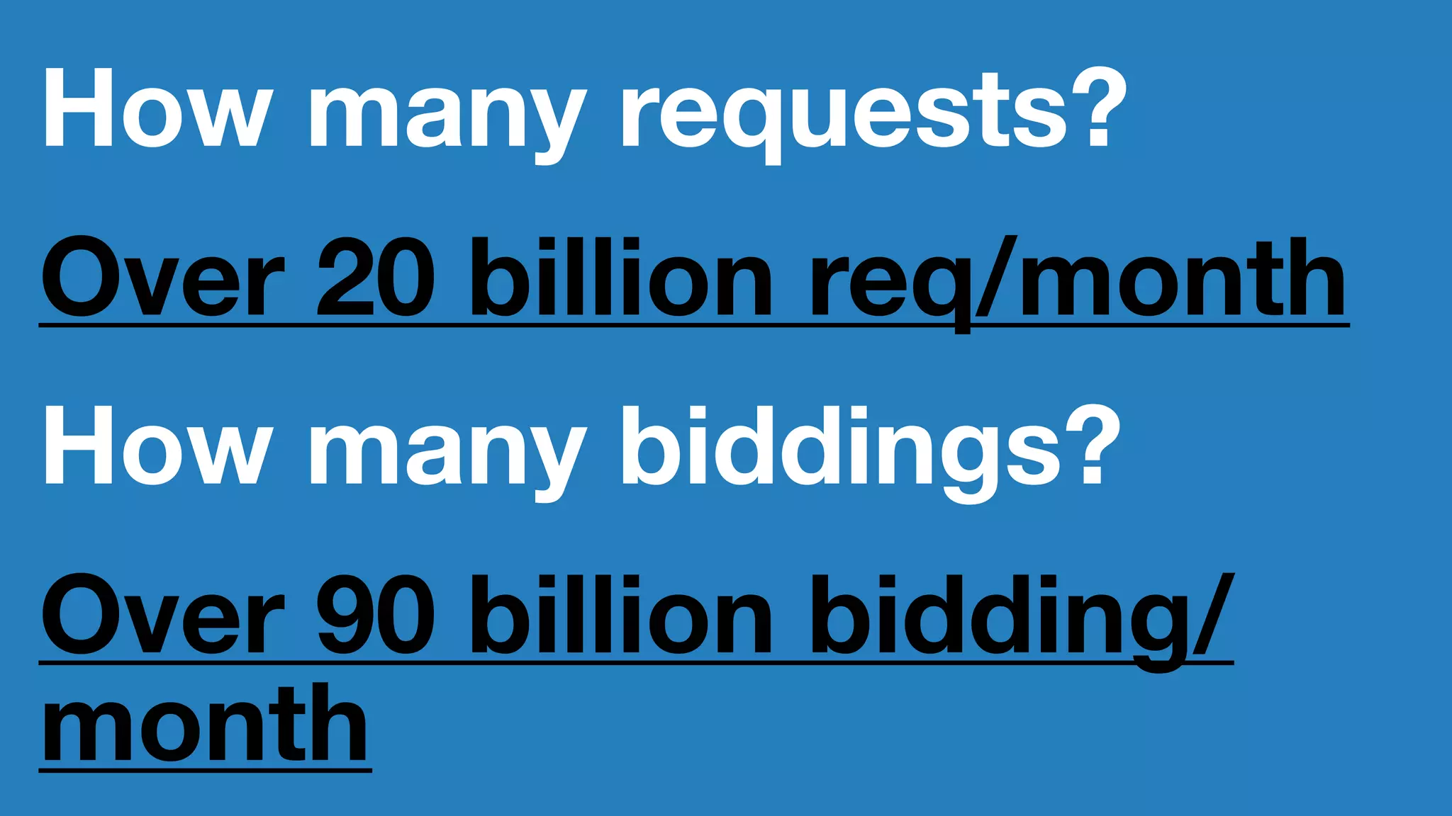How many requests?
Over 20 billion req/month
How many biddings?
Over 90 billion bidding/
month
 