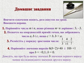 1.1. Порiвняйте числа m i n, якщо рiзниця m−n дорiвнює: 3; –3.
2.2. Позначте на координатнiй прямiй точки, що зображають
числа a, b i c, якщо c > b, b > a.
4.4. Порiвняйте значення виразiв 6(b−2)+4b i 10b +1
при b = −0,1; b = 0.
Доведiть, що при будь-якому значеннi b значення першого виразу
менше вiд вiдповiдного значення другого виразу.
Домашнє завданняДомашнє завдання
Вивчити означення понять, розглянутих на уроцi.
Виконати вправи.
1 4 2
; ; .
3 11 7
3.3. Розмiстiть у порядку зростання числа:
 