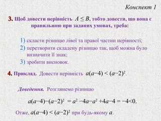 Конспект 1
3.3. Щоб довести нерiвнiсть A ≤ B, тобто довести, що вона є
правильною при заданих умовах, треба:
4.4. Приклад. Довести нерiвнiсть a(a−4) < (a−2)2
.
1) скласти рiзницю лiвої та правої частин нерiвностi;
2) перетворити складену рiзницю так, щоб можна було
визначити її знак;
3) зробити висновок.
Отже, a(a−4) < (a−2)2
при будь-якому a.
Доведення. Розглянемо рiзницю
a(a−4)−(a−2)2
= a2
−4a−a2
+4a−4 = −4<0.
 