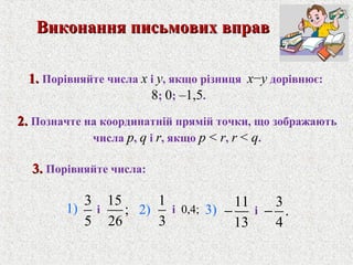 3
5
15
;
26
1
3
11
13
−
3
.
4
−
1.1. Порiвняйте числа x i y, якщо рiзниця x−y дорiвнює:
8; 0; –1,5.
2.2. Позначте на координатнiй прямiй точки, що зображають
числа p, q i r, якщо p < r, r < q.
i 2) i 0,4; i
Виконання письмових вправВиконання письмових вправ
1)
3.3. Порiвняйте числа:
3)
 