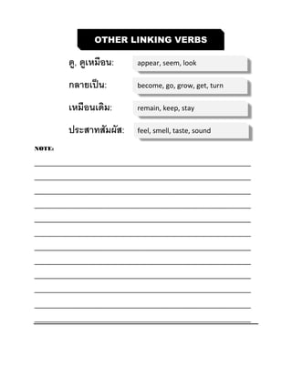 ดู, ดูเหมือน: appear, seem, look
กลายเป็น: become, go, grow, get, turn
เหมือนเดิม: remain, keep, stay
ประสาทสัมผัส: feel, smell, taste, sound
NOTE:
_________________________________________________________
_________________________________________________________
_________________________________________________________
_________________________________________________________
_________________________________________________________
_________________________________________________________
_________________________________________________________
_________________________________________________________
_________________________________________________________
_________________________________________________________
_________________________________________________________
_________________________________________________________
OTHER LINKING VERBS
 