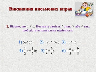 1 1
* ;
2 2
4) a b * ;
8 8
5)
a b
* .
5 5
6)
a b
− −
1.1. Вiдомо, що a < b. Поставте замiсть * знак > або < так,
щоб дістати правильну нерiвнiсть:
Виконання письмових вправВиконання письмових вправ
1) 5a*5b; 2) −9a*−9b; 3) −a*−b;
 