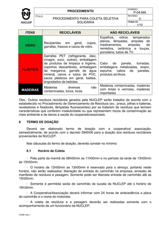 PROCEDIMENTO
NÚMERO:
P-04-MA
TÍTULO:
PROCEDIMENTO PARA COLETA SELETIVA
SOLIDÁRIA
REVISÃO:
0
PÁGINA/DE:
5/10
ITENS RECICLÁVEIS NÃO RECICLÁVEIS
VIDRO
Recipientes em geral, copos,
garrafas, frascos e cacos de vidro.
Espelhos, vidros temperados
planos, lâmpadas, ampolas de
medicamentos, ampolas de
remédios, cerâmica e louças,
porcelana, tubos de TV.
PLÁSTICO
Garrafas PET (refrigerante, óleo,
vinagre, suco, outros), embalagem
de produtos de limpeza e higiene,
copinhos descartáveis, embalagem
de margarina, garrafa de água
mineral, canos e tubos de PVC,
sacos plásticos em geral, baldes,
engradados de bebidas.
Cabo de panela, tomadas,
embalagens metalizadas, isopor,
espuma, cabos de panelas,
produtos acrílicos.
MADEIRAS
Madeiras diversas não
contaminadas, tocos, toras
Madeiras contaminadas, madeiras
com tintas e vernizes, madeiras
importadas
Obs.: Outros resíduos recicláveis gerados pela NUCLEP serão tratados de acordo com o
estabelecido no Procedimento de Gerenciamento de Resíduos (ex.: pneus, pilhas e baterias,
reveladores e fixadores, lâmpadas fluorescentes) por se tratarem de resíduos que tenham
características que conferem insalubridade ou que representem riscos de contaminação ao
meio ambiente e de danos à saúde do cooperado/associado.
6 TERMO DE DOAÇÃO
Deverá ser elaborado termo de doação com a cooperativa/ associação,
semestralmente, de acordo com o decreto 5940/06 para a doação dos resíduos recicláveis
provenientes da NUCLEP.
Nas cláusulas do termo de doação, deverão constar no mínimo:
6.1 Horário de Coleta
- Pela parte da manhã de 08h00min as 11h00min e no período da tarde de 13h00min
às 15h00min.
- O horário de 12h00min as 13h00min é reservado para o almoço, portanto neste
horário, não serão realizados: liberação de entrada do caminhão na empresa, emissão de
manifesto de resíduos e pesagem. Somente pode ser liberada entrada de caminhão até as
15h00min.
- Somente é permitida saída de caminhão de sucata da NUCLEP até o horário de
16h30min.
- A Cooperativa/Associação deverá informar com 24 horas de antecedência a placa
do caminhão e o nome do motorista.
- A coleta de resíduos e a pesagem deverão ser realizadas somente com o
acompanhamento de um funcionário da NUCLEP.
FORM. Rev.1
 