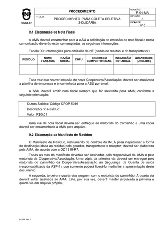 PROCEDIMENTO
NÚMERO:
P-04-MA
TÍTULO:
PROCEDIMENTO PARA COLETA SELETIVA
SOLIDÁRIA
REVISÃO:
0
PÁGINA/DE:
9/10
9.1 Elaboração de Nota Fiscal
A AMA deverá encaminhar para a ASU a solicitação de emissão de nota fiscal e nesta
comunicação deverão estar contempladas as seguintes informações:
Tabela 03: Informações para emissão de NF (dados do resíduo e do transportador)
RESÍDUO
NOME
FANTASIA
RAZÃO
SOCIAL
CNPJ
ENDEREÇO
COMPLETO/ EMAIL
INSCRIÇÃO
ESTADUAL
QUANTIDADE
(UNIDADE)
Toda vez que houver inclusão de nova Cooperativa/Associação, deverá ser atualizada
a planilha de empresas e encaminhada para a ASU por email.
A ASU deverá emitir nota fiscal sempre que for solicitado pela AMA, conforme a
seguinte orientação:
Outras Saídas: Código CFOP 5949
Descrição do Resíduo:
Valor: R$0,01
Uma via da nota fiscal deverá ser entregue ao motorista do caminhão e uma cópia
deverá ser encaminhada à AMA para arquivo.
9.2 Elaboração de Manifesto de Resíduo
O Manifesto de Resíduo, instrumento de controle do INEA para inspecionar a forma
de destinação dada ao resíduo pelo gerador, transportador e receptor, deverá ser elaborado
pela AMA, de acordo com a DZ 1310-R7.
Todas as vias do manifesto deverão ser assinadas pelo responsável da AMA e pelo
motorista da Cooperativa/Associação. Uma cópia da primeira via deverá ser entregue pelo
motorista do caminhão da Cooperativa/Associação ao Segurança da Guarita de saída
(responsabilidade da ASP-1), que somente poderá liberá-lo mediante a apresentação deste
documento.
A segunda, terceira e quarta vias seguem com o motorista do caminhão. A quarta via
deverá voltar assinada ao AMA. Este, por sua vez, deverá manter arquivada a primeira e
quarta via em arquivo próprio.
FORM. Rev.1
 
