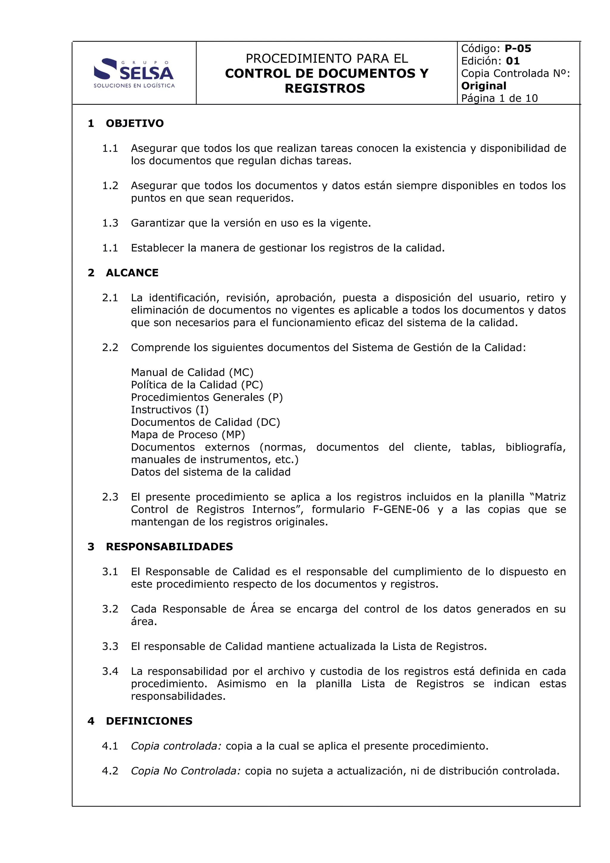 P 05-01 control de los documentos y registros | DOC