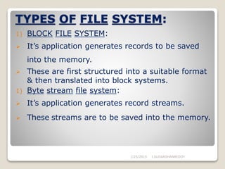 TYPES OF FILE SYSTEM:
1) BLOCK FILE SYSTEM:
 It’s application generates records to be saved
into the memory.
 These are first structured into a suitable format
& then translated into block systems.
1) Byte stream file system:
 It’s application generates record streams.
 These streams are to be saved into the memory.
1/25/2015 J.SUDARSHANREDDY
 