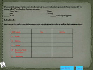 US Products Use Not Use
A. Foods
B. Clothes
C. Things
D. Cosmetics/ Body
Decorations
E. Machinery
contents back
 