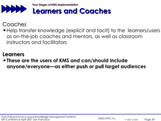 Four Stages of KMS Implementation  Learners and Coaches Learners These are the users of KMS and can/should include anyone/everyone—as either  push  or  pull  target audiences Coaches Help transfer knowledge (explicit and tacit) to the  learners/users as on-the-job coaches and mentors, as well as classroom instructors and facilitators 
