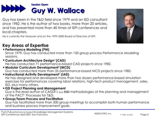 Session Open Guy W. Wallace Key Areas of Expertise Performance Modeling (PM) Since 1979, Guy has conducted more than 150 group process Performance Modeling sessions. Curriculum Architecture Design SM   (CAD) He has conducted 71 performance-based CAD projects since 1982.  Modular Curriculum Development SM  (MCD) Guy has conducted more than 35 performance-based MCD projects since 1982. Instructional Activity Development SM  (IAD) He has designed and developed more than two dozen performance-based simulation exercises for performances covering labor relations, high-tech product management, sales, ISD, plus many others.  ISD Project Planning and Management Guy is the lead author of CADDI’s  lean - ISD  methodologies of the planning and management of the PACT SM  Processes for T&D. Group/Team Process and Facilitation Guy has facilitated more than 300 group meetings to accomplish both human performance and business process improvement goals. Guy has been in the T&D field since 1979 and an ISD consultant since 1982. He is the author of two books, more than 20 articles, and has presented more than 40 times at ISPI conferences and local chapters.  He is currently the treasurer and on the 1999–2000 Board of Directors of ISPI.   