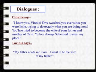 Dialogues :
“I know you, Vinnie! I’hve watched you ever since you
were little, trying to do exactly what you are doing now!
You’hve tried to become the wife of your father and
mother of Orin.’ Yo hve akways Schemed to steal my
place.”
Christine says..
Lavinia says..
“My father needs me more . I want to be the wife
of my father.”
 
