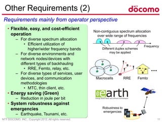 NTT DOCOMO, INC., Copyright 2012, All rights reserved. 11
Other Requirements (2)
• Flexible, easy, and cost-efficient
operation
– For diverse spectrum allocation
• Efficient utilization of
higher/wider frequency bands
– For diverse environments and
network nodes/devices with
different types of backhauling
• RRE, Femto, relay, etc.
– For diverse types of services, user
devices, and communication
methodologies
• MTC, thin client, etc.
• Energy saving (Green)
– Reduction in joule per bit
• System robustness against
emergencies
– Earthquake, Tsunami, etc.
Requirements mainly from operator perspective
Different duplex schemes
may be applied
Frequency
Non-contiguous spectrum allocation
over wide range of frequencies
Macrocells RRE Femto
Robustness to
emergencies
 